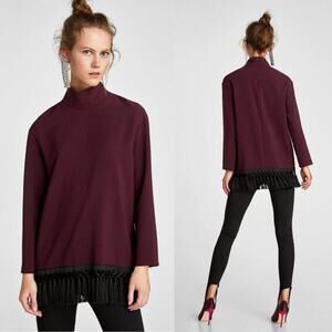 ZARA Burgundy High Mock Neck Top Ornate Tassel Black Fringe Detail Medium Gothic